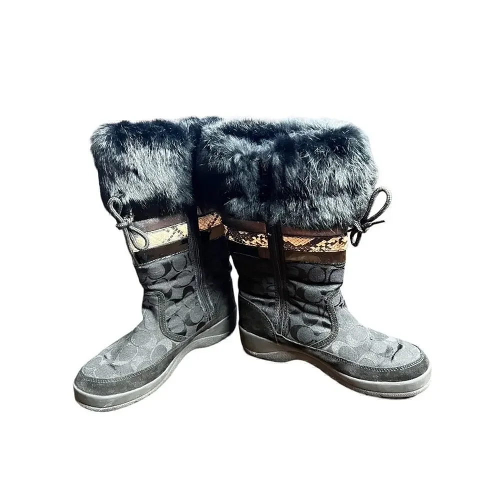 ▶️ Coach ◀️ Lorna Black Monogram Boots With Rabbit Fur Trim Size 7